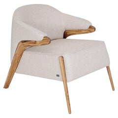 Osa Upholstered Curve Back Armchair in Teak Wood Finish and Beige Fabric