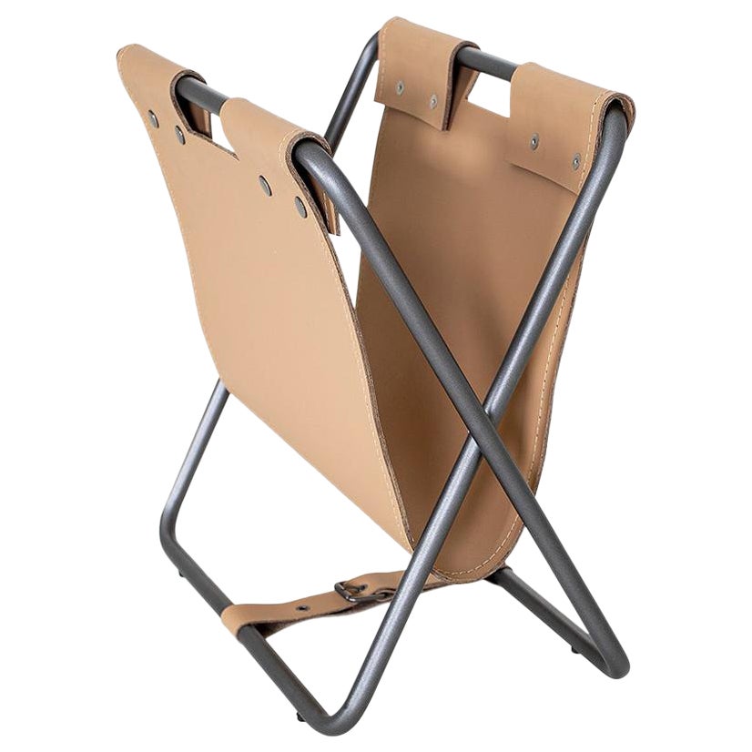 Ex Magazine Rack with a Leather Storage Compartment for Reading Materials For Sale