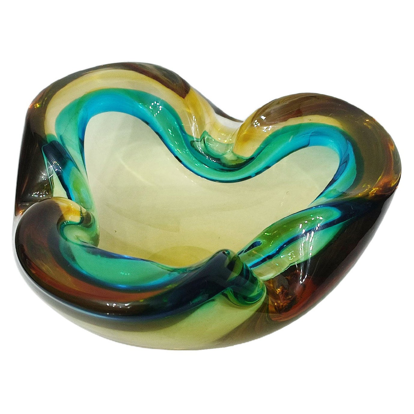 Schweres Murano-Glas "Amber-Teal" Schalen-Aschenbecher Murano, Seguso, Italien, 1970er Jahre
