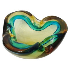Heavy Murano Glass "Amber-Teal" Bowl Shell Ashtray Murano, Seguso, Italy, 1970s