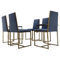 Vintage Set 6 Nice Bronze Satin Finish Blue Upholstery Dining Side Arm Chairs Armchairs