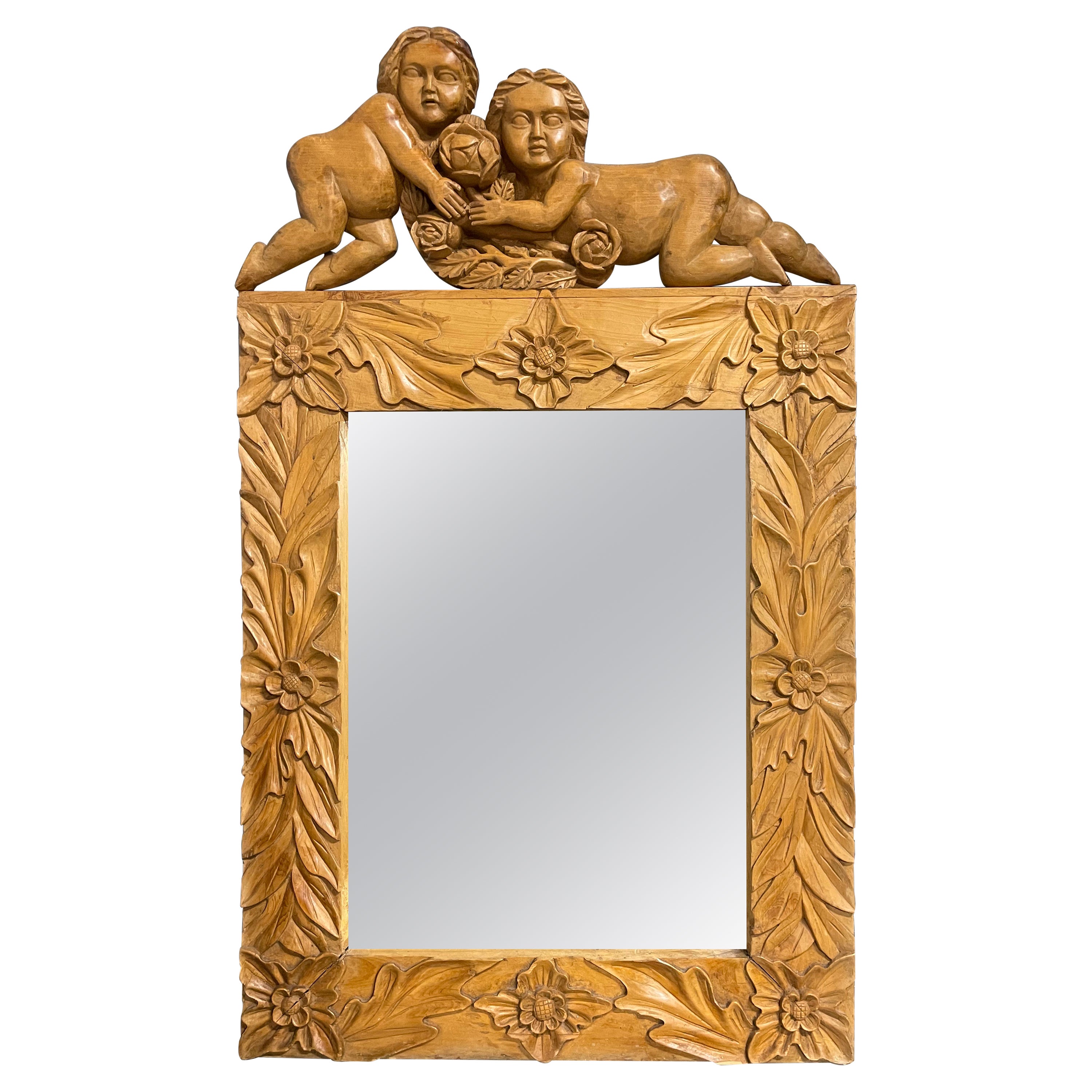 Spanish Colonial Carved Cherub Mirror For Sale