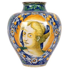 Large Antique Italian Majolica Portrait Vase