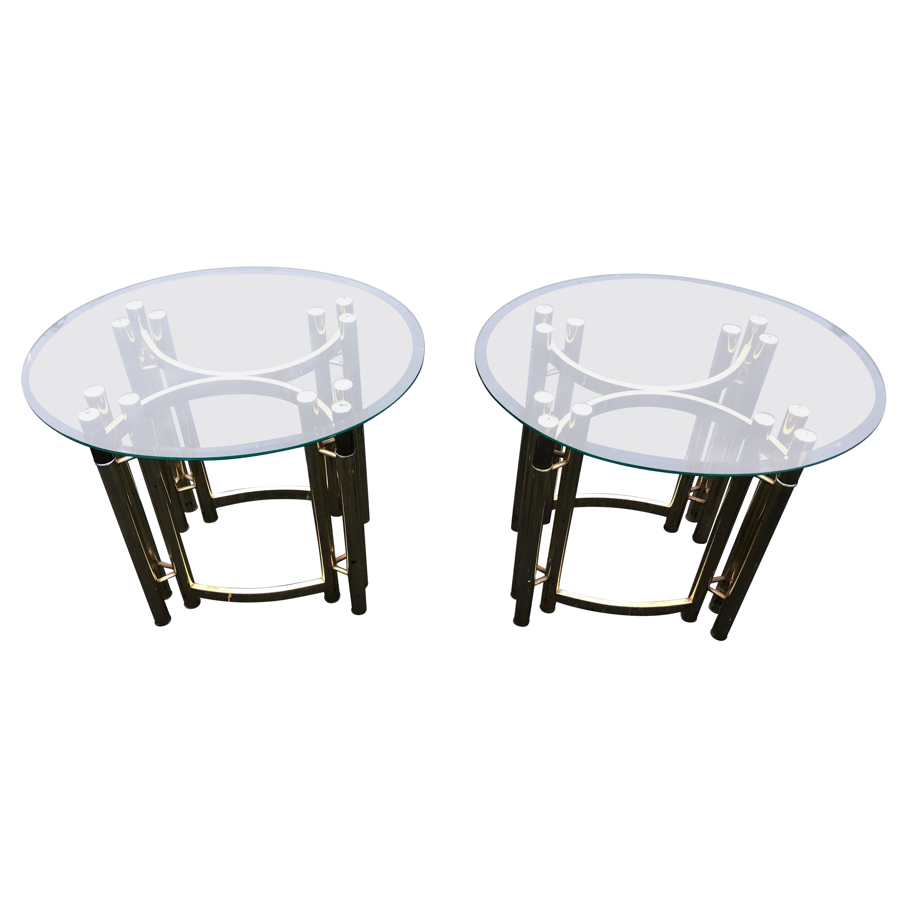 Pair of oval brass and glass side or end tables. Hollywood Regency in style. These can be parcel shipped for $69.00 domestically . Price is for the pair.-2.