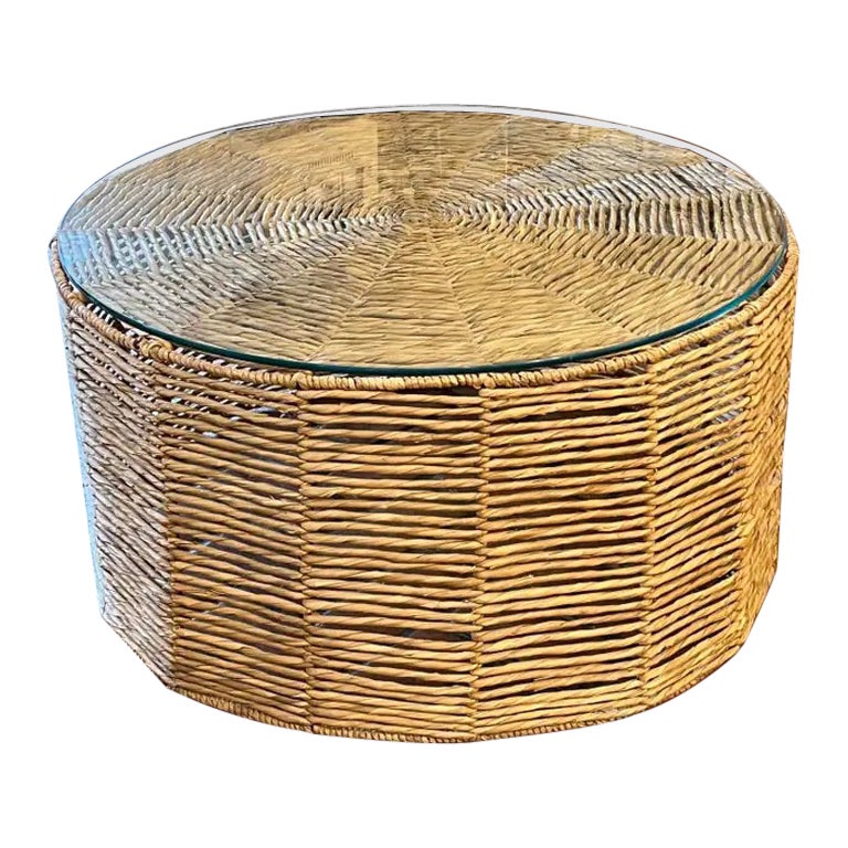 Round Weaved Seagrass Coffee Table with Glass Top