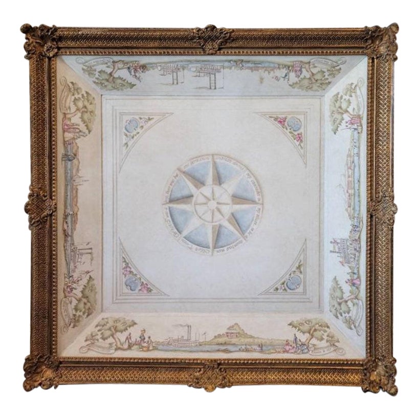 Large Antique Architectural Trompe L'oeil Framed Ceiling Mural For Sale