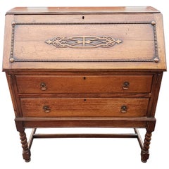 Antique Barley Twist Jacobean Desk Secretary Drop Front Oak Bureau, circa 1890s