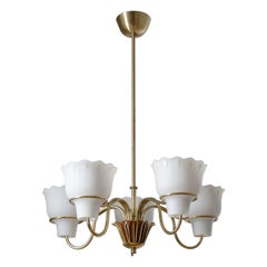 Hans Bergström Chandelier, 1950s, Brass and Enameled Glass