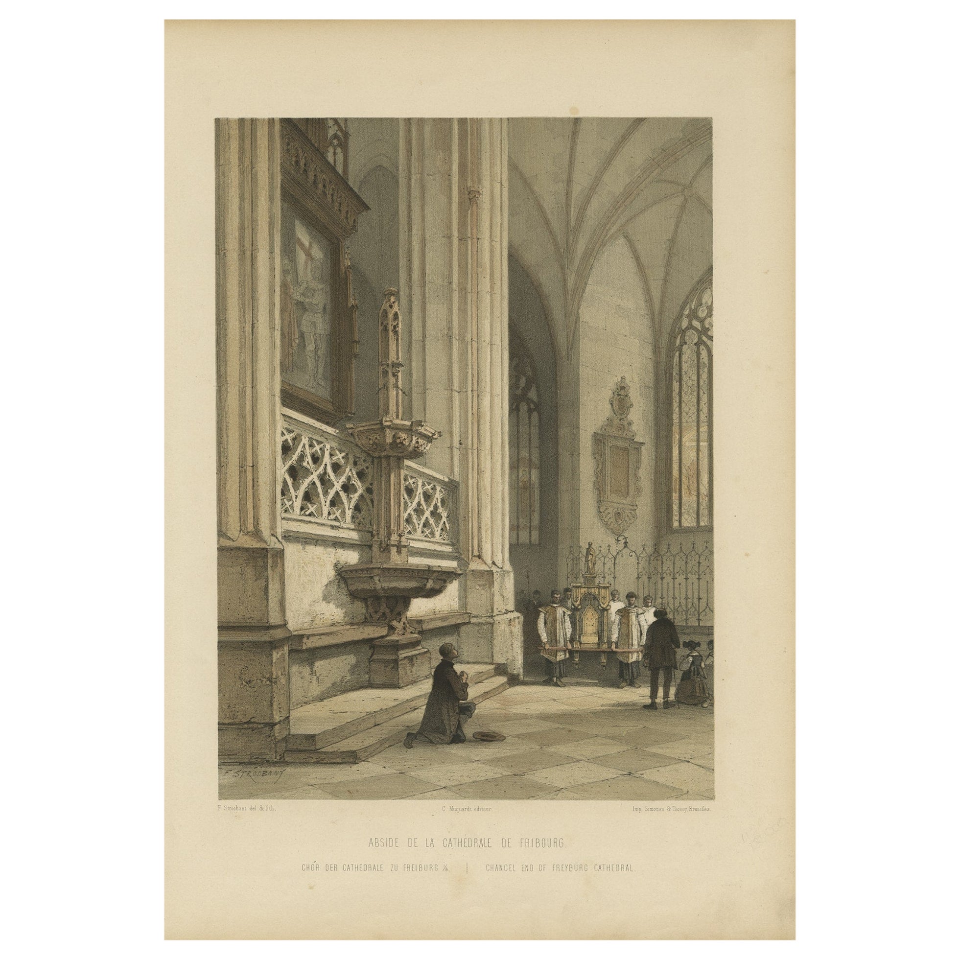 Antique Print of The Roman Catholic Cathedral in Fribourg, Switzerland, 1860 For Sale