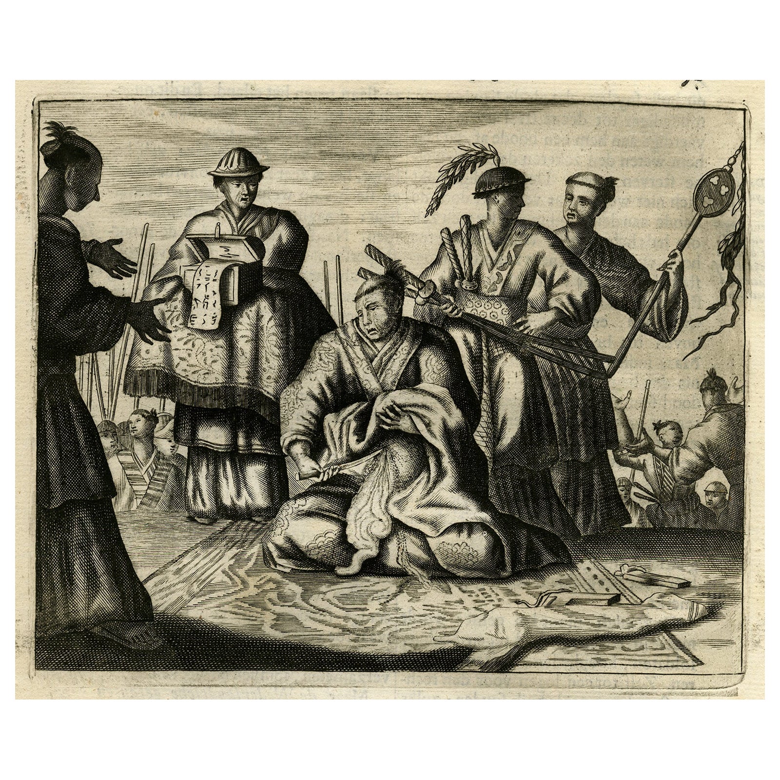 Old Print eines Ritual-Honorary-Suicide, Seppuku- oder Glockenschliff in Japan, 1669 im Angebot