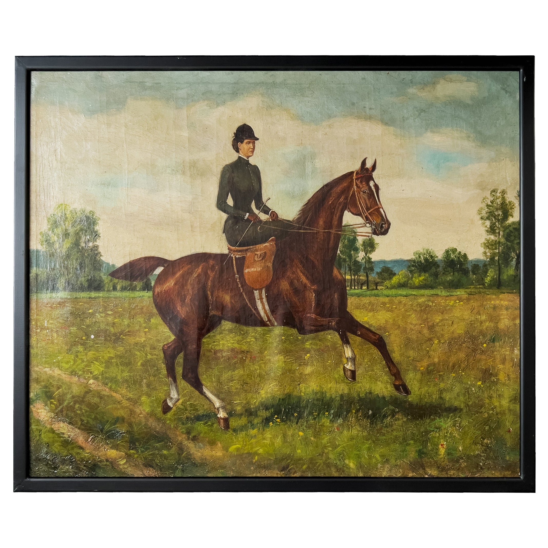 19th Century Oil on Canvas Painting of a Lady Riding a Horse Side Saddle