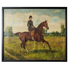 19th Century Oil on Canvas Painting of a Lady Riding a Horse Side Saddle