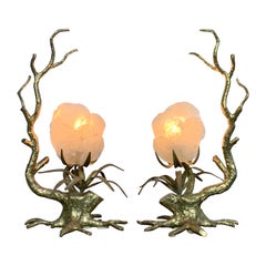 Pair of Duval Brasseur Bronze Coral Table Lights with Capiz Shell Shades