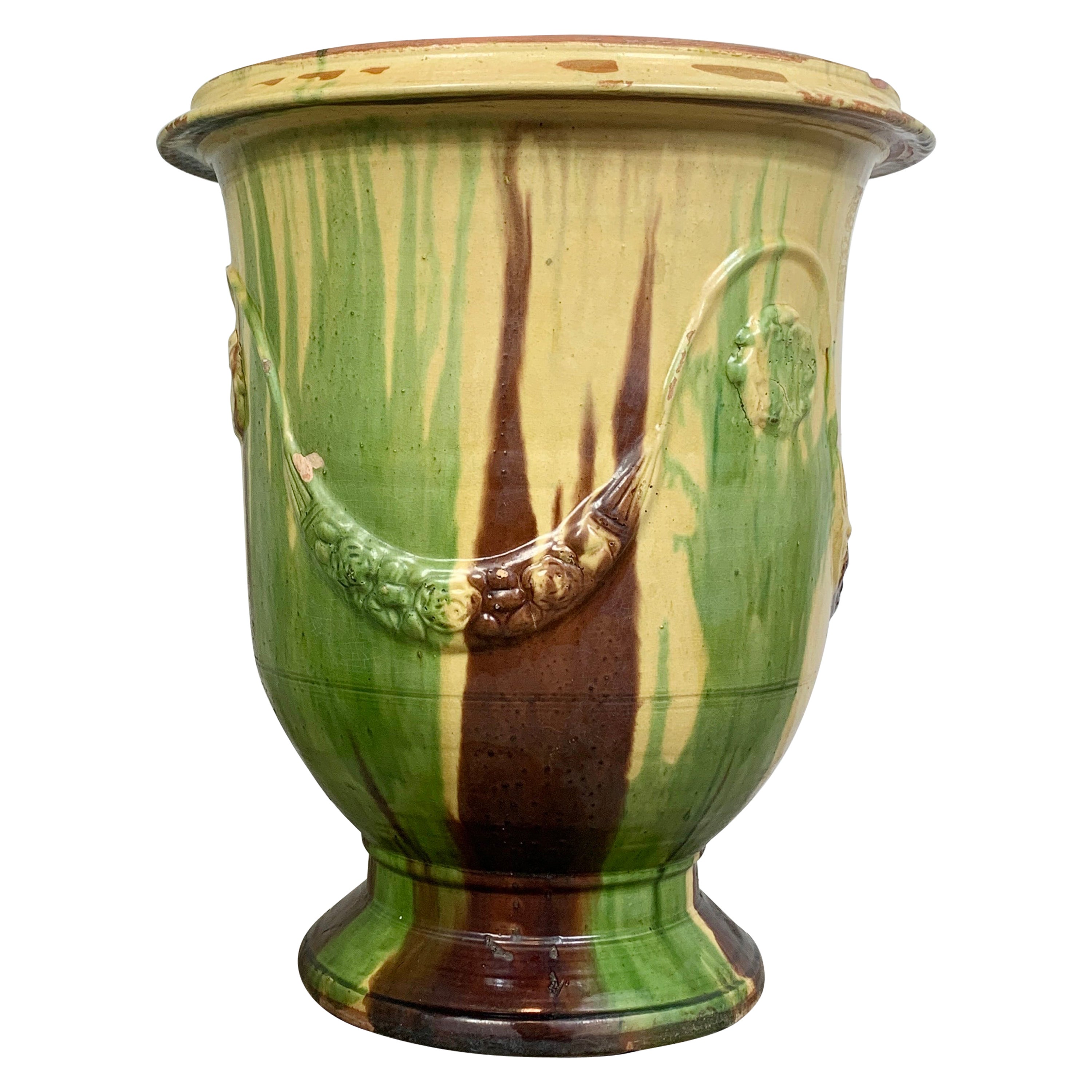 Grande urne en terre cuite dans les tons verts d'Anduze