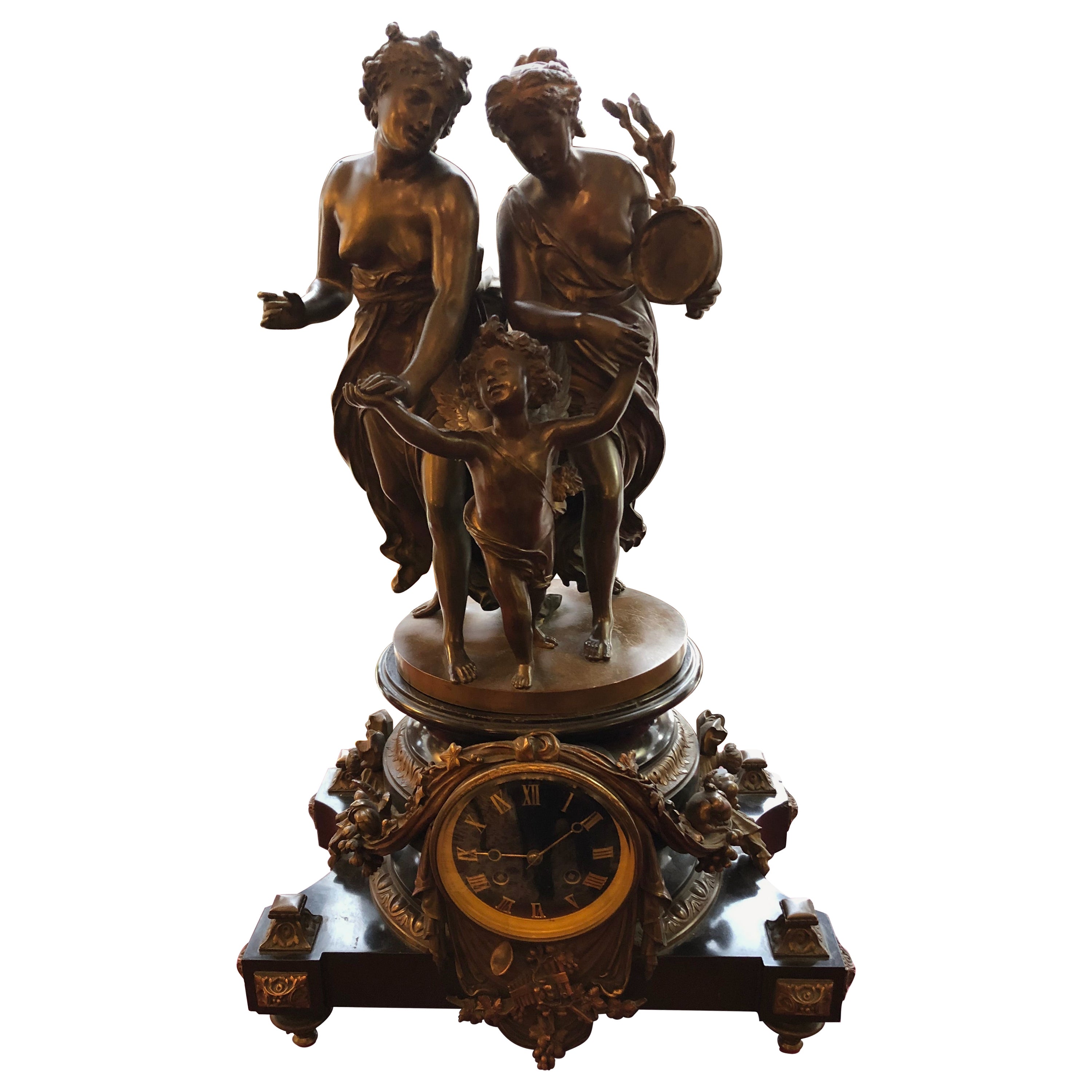 Amazing Ornate French Style Patinated Bronze Tiffany Figural Mantel Clock For Sale