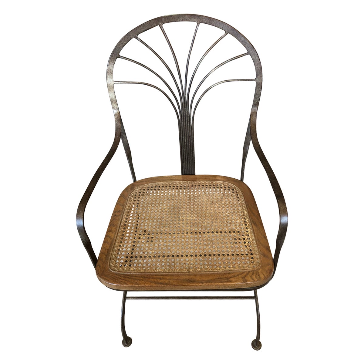 Antiqued Bronze Metal and Caned Armchair