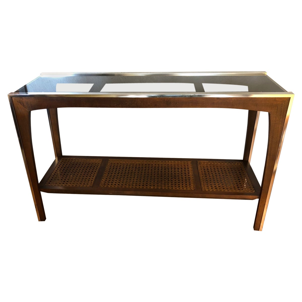 Table console sophistiquée et élégante en bois, chrome et verre