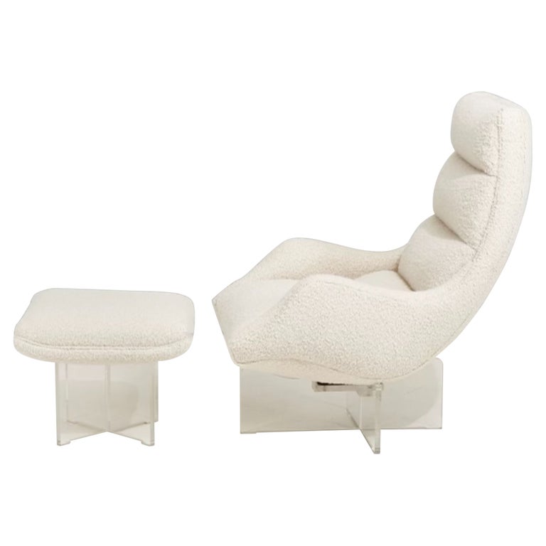 Vladimir Kagan “Cosmos” Lounge Chair and Ottoman in White Boucle For Sale