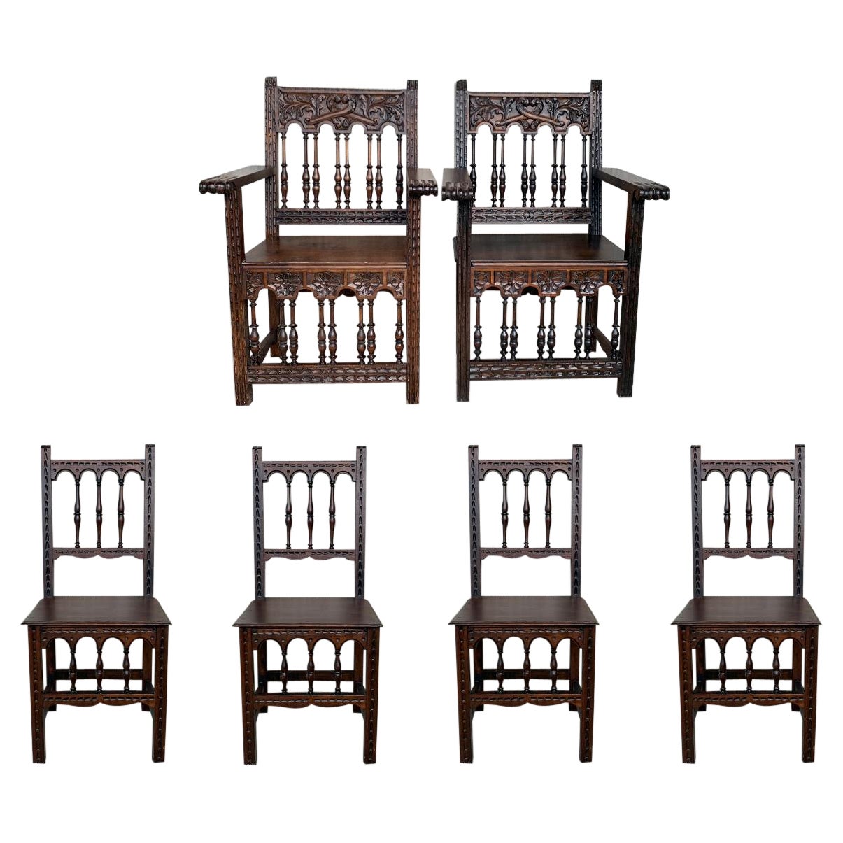 Early 20th Set of Six Spanish Carved Chairs & Armchairs with Wood Seat