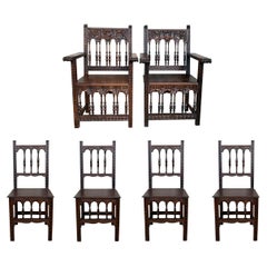 Early 20th Set of Six Spanish Carved Chairs & Armchairs with Wood Seat