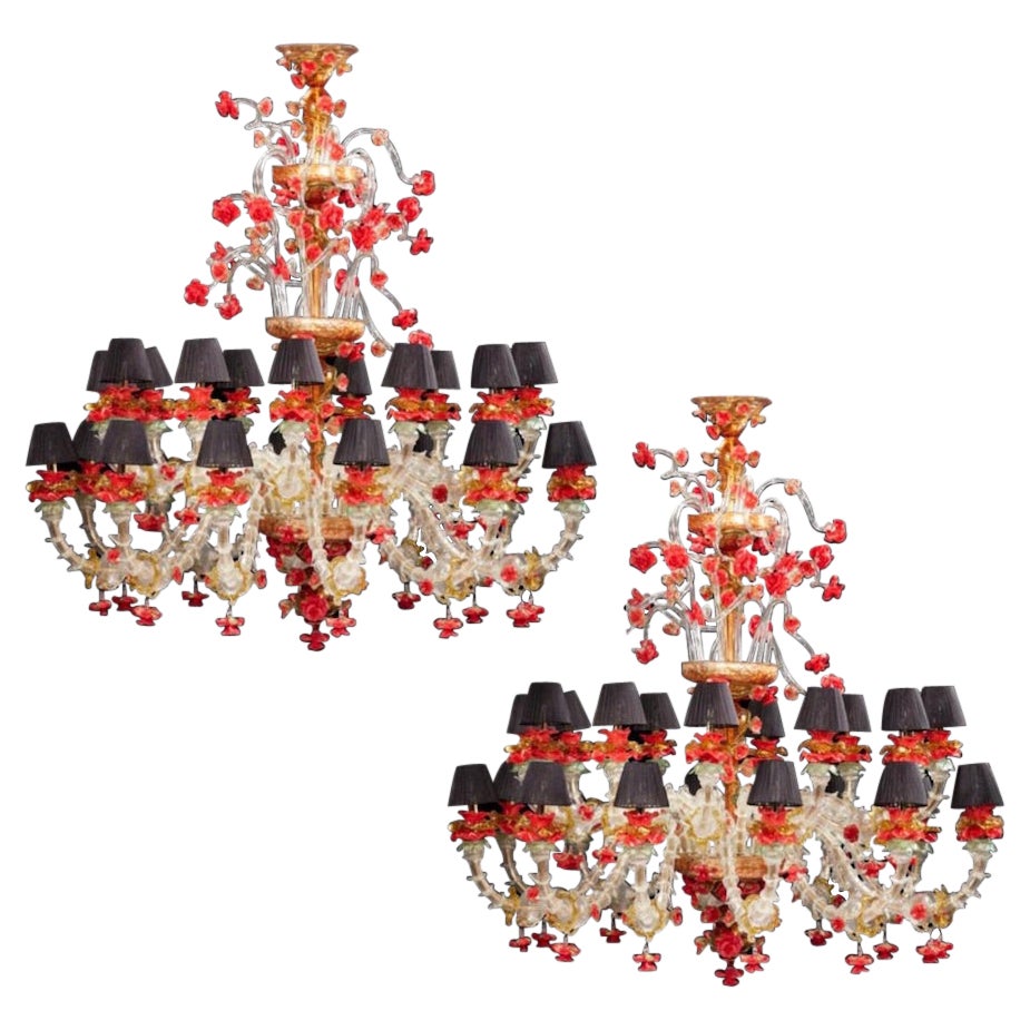 Luxurious Pair of Murano Chandelier Red and Gold, 1980s