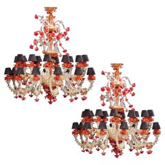 Vintage Luxurious Pair of Murano Chandelier Red and Gold, 1980s