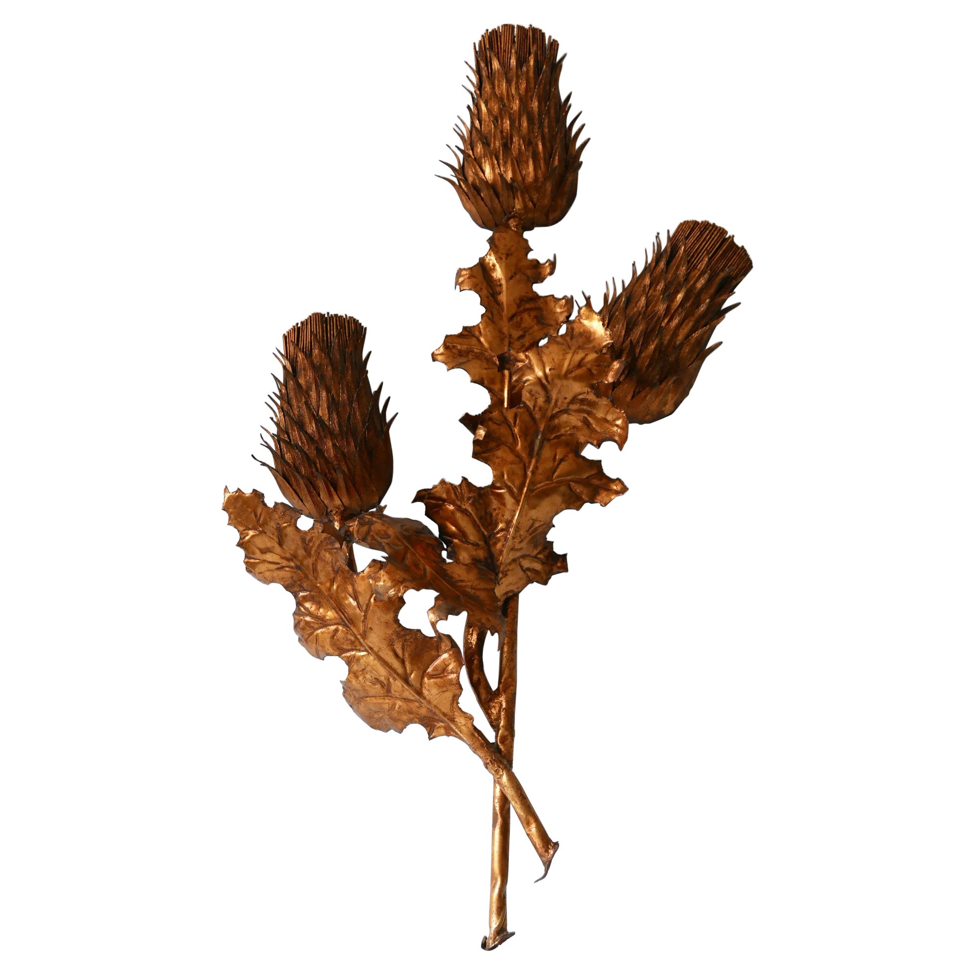Huge Mid-Century Modern Gilt Metal Three Flamed Thistle Flower Sconce 1960s For Sale