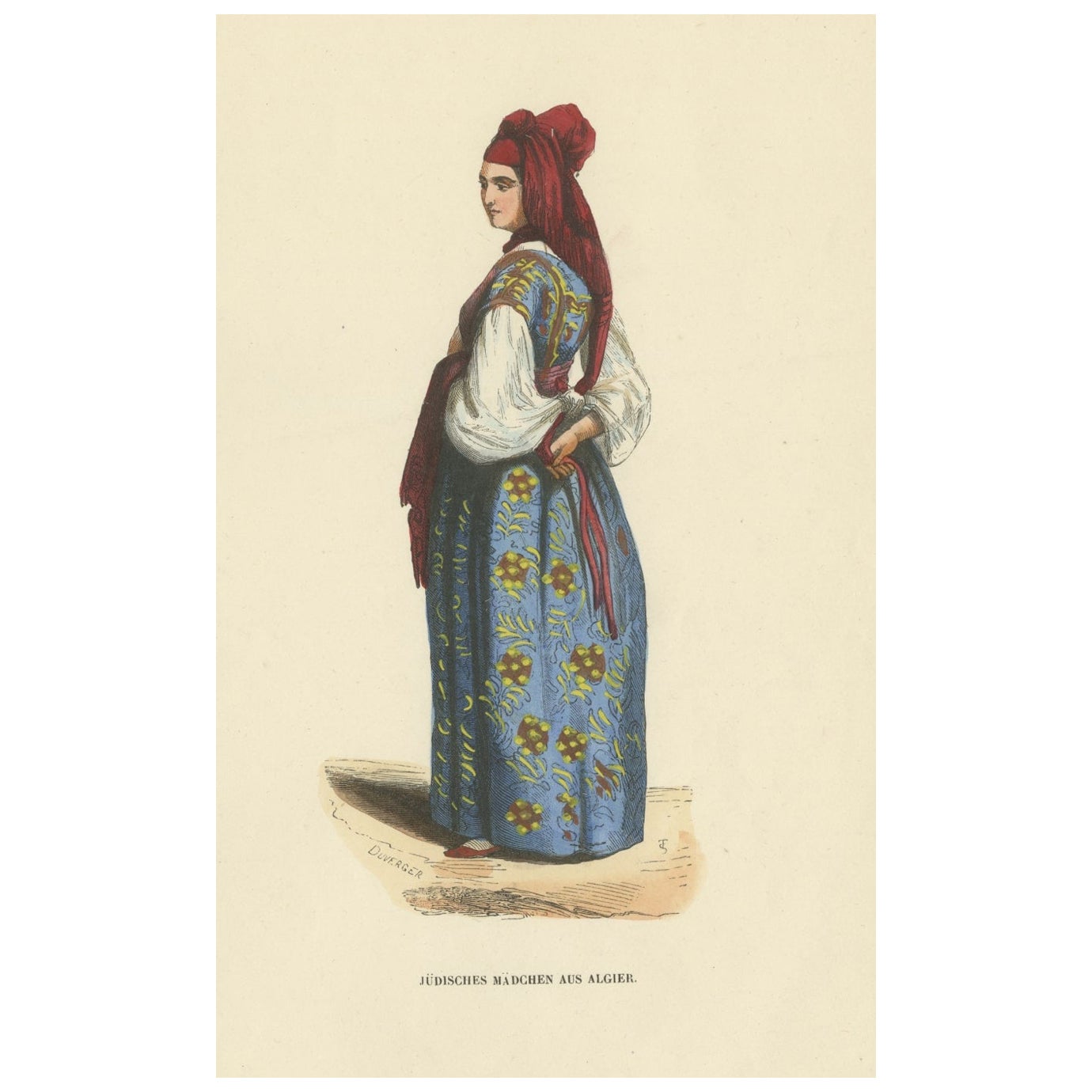 Belle et ancienne estampe colorée à la main d'une femme juive d'Alger, vers 1845