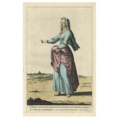 Antique Old Hand-Coloured Print of Beautifully Dressed Up Jewish Woman, ca.1725