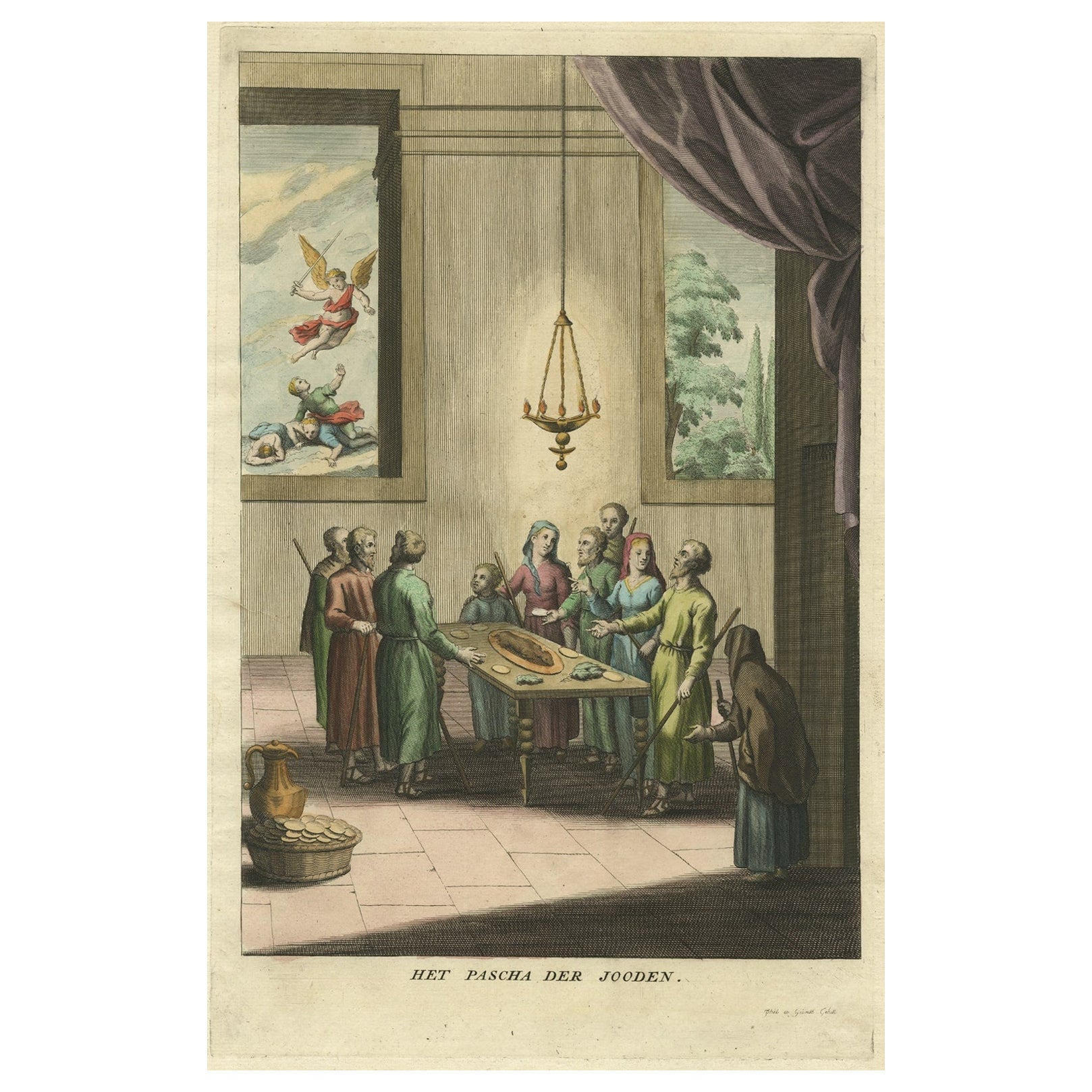 Antique Old Hand-Coloured Print of the Jewish Pesach Ritual or Passover, 1725