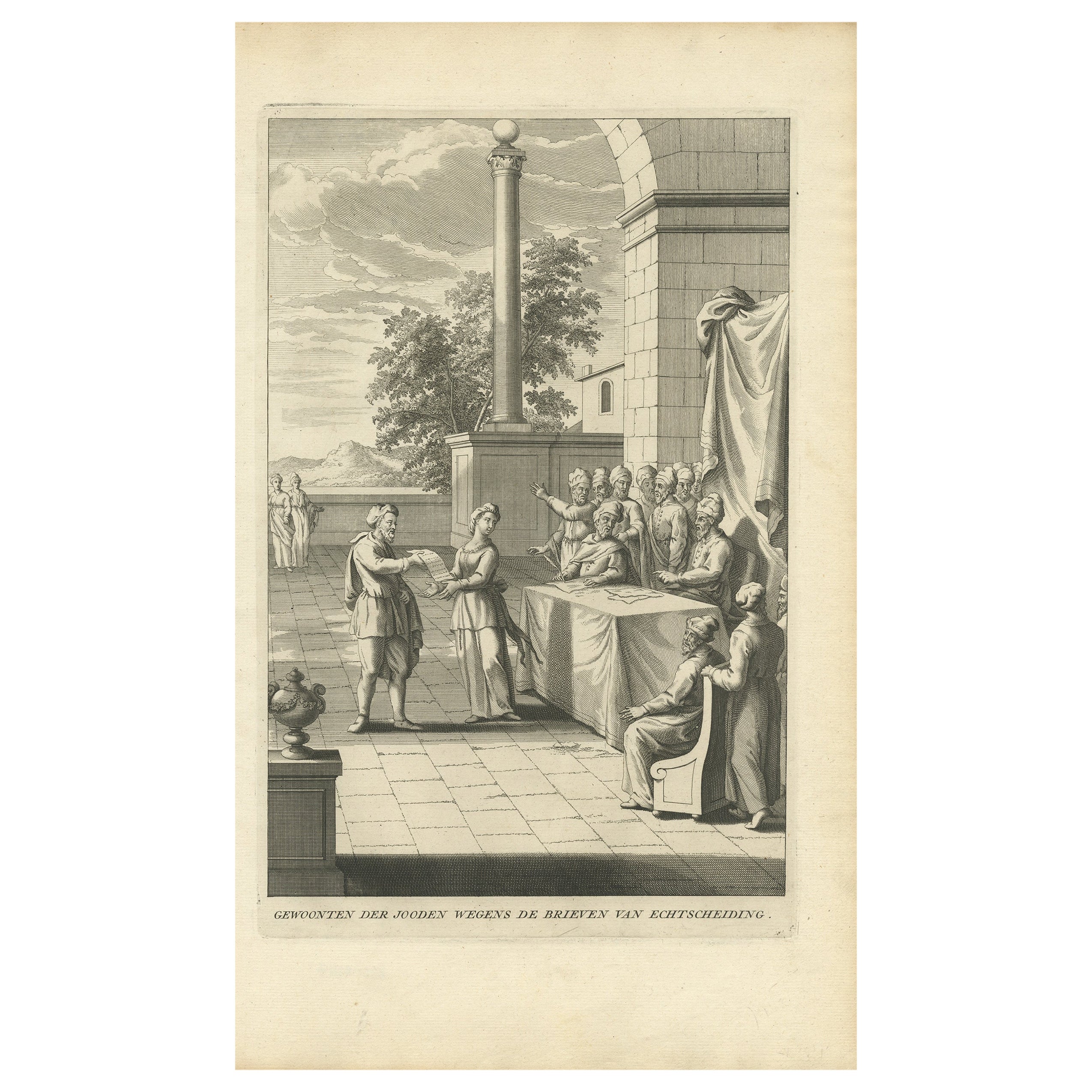 Antique Print Depicting the Divorce Customs of the Jews, ca.1725 For Sale