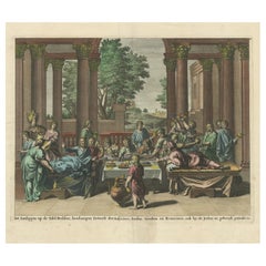 Old Print of Jews Eating on Beds like Assyrians, Persians, Romans, Greeks, 1690