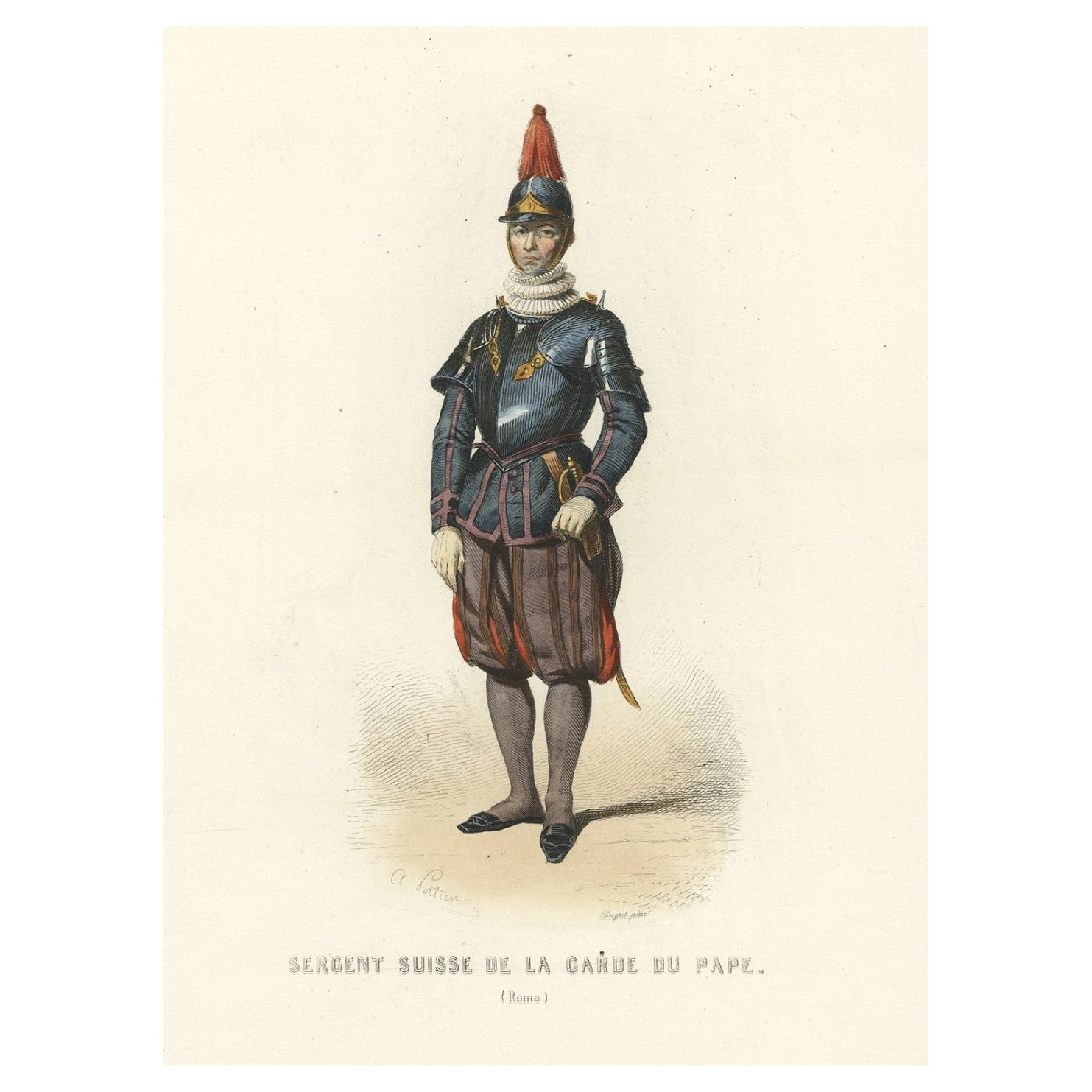 Stampa antica di una guardia svizzera del Papa in Vaticano, 1850 in vendita
