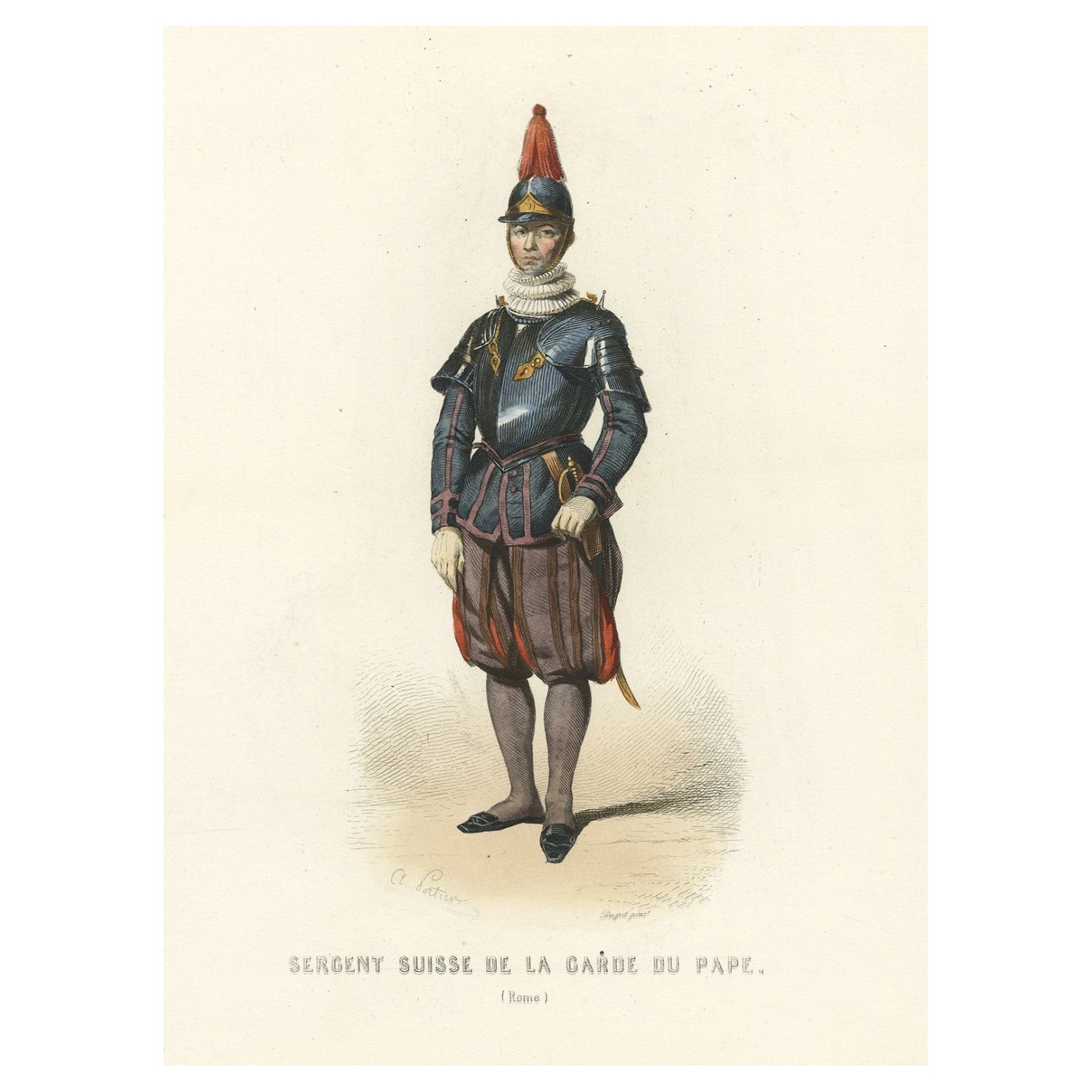 Antique Print of a Swiss Guard for the Pope in The Vatican, 1850 For Sale