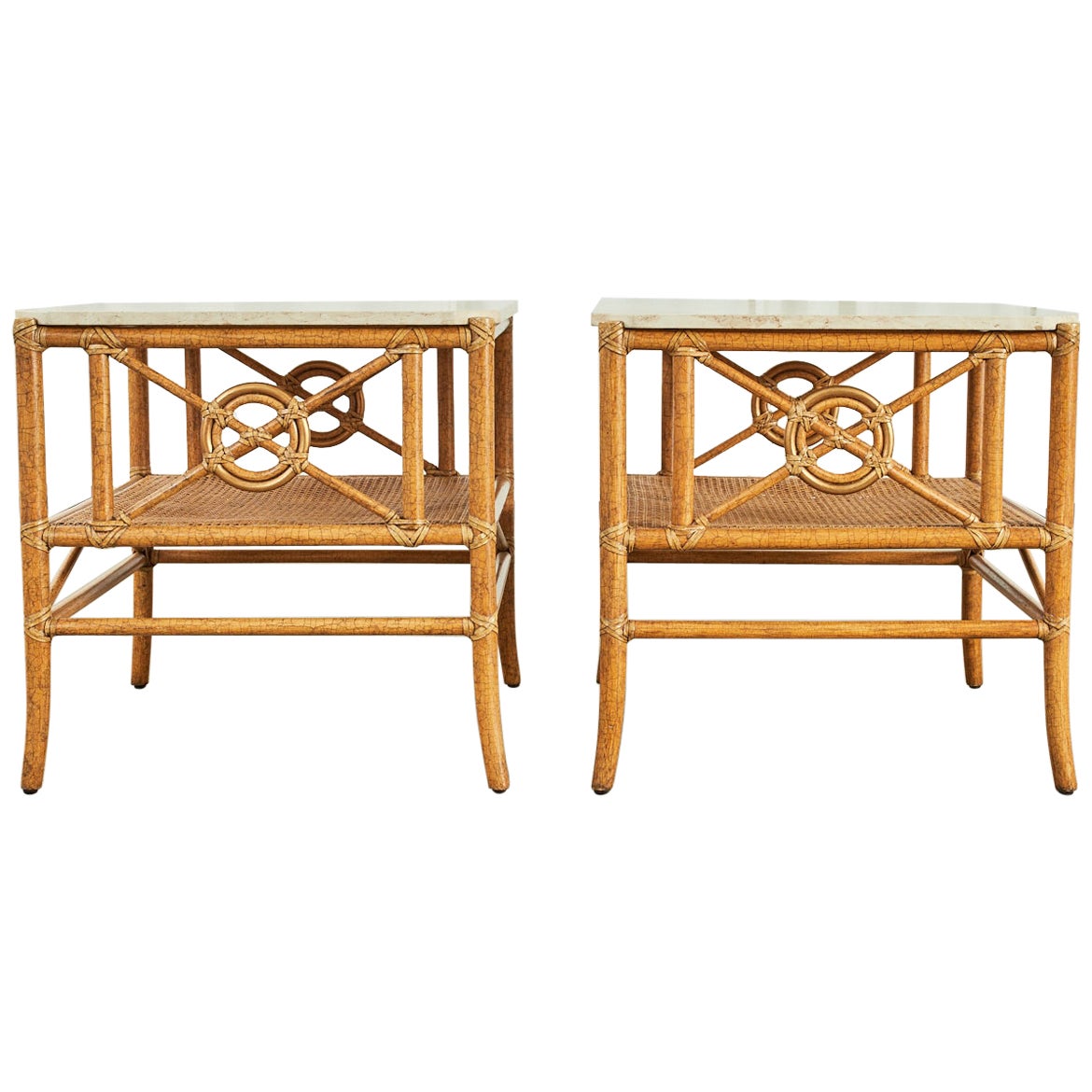 Pair of McGuire Marble Top Rattan Two Tier End Tables