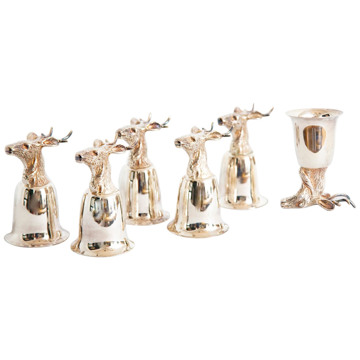 Set of 6 Silver Stirrup Cups Goblets with Animal Heads