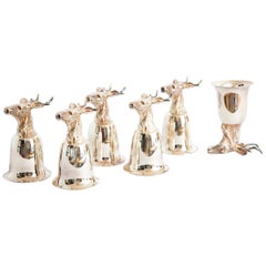 Set of 6 Silver Stirrup Cups Goblets with Animal Heads