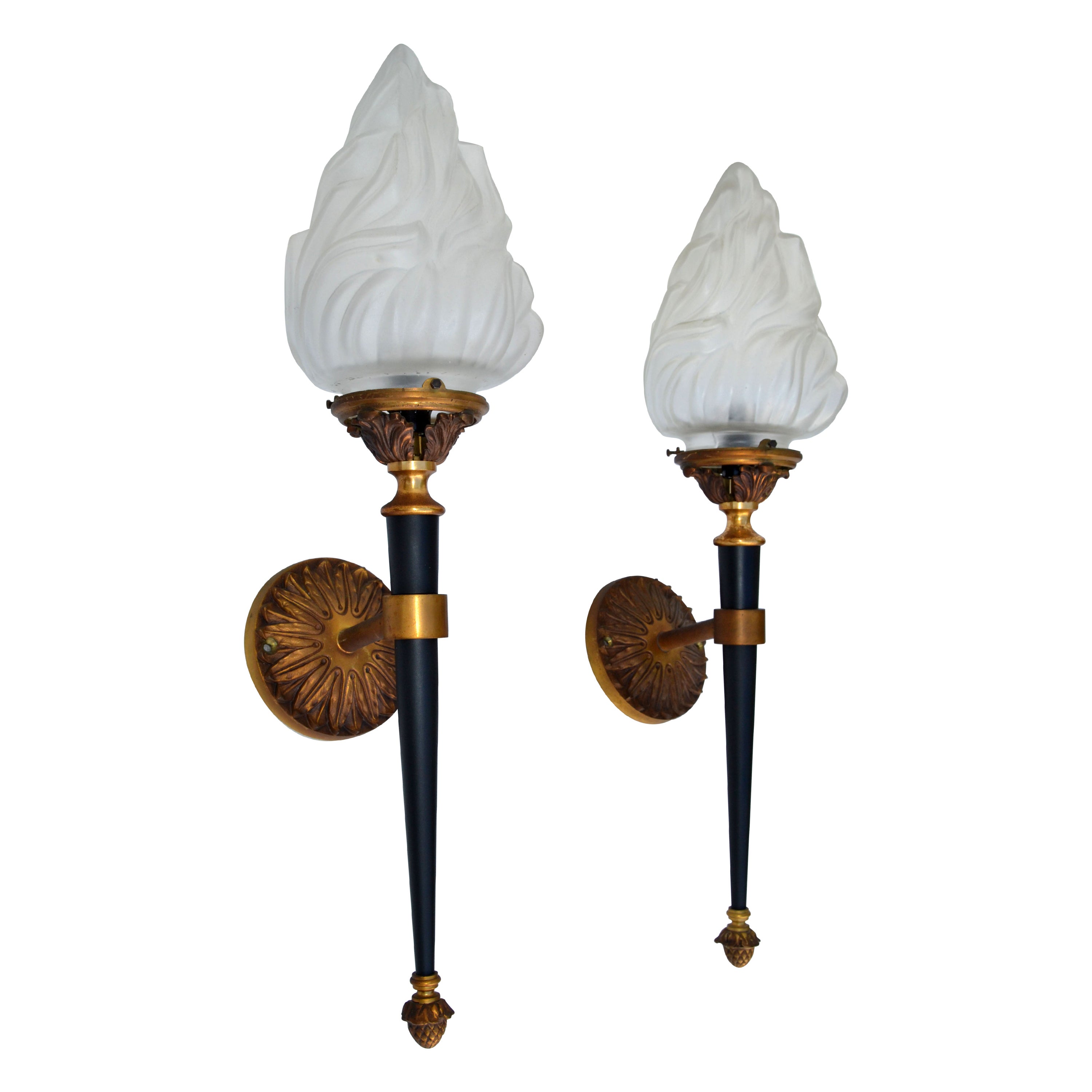 Maison Jansen Sconces Solid Bronze & Blown Glass Flame Shade France 1950, Pair