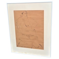 Contour Painting on Paper Large Male Nude Figure, Circa 1960