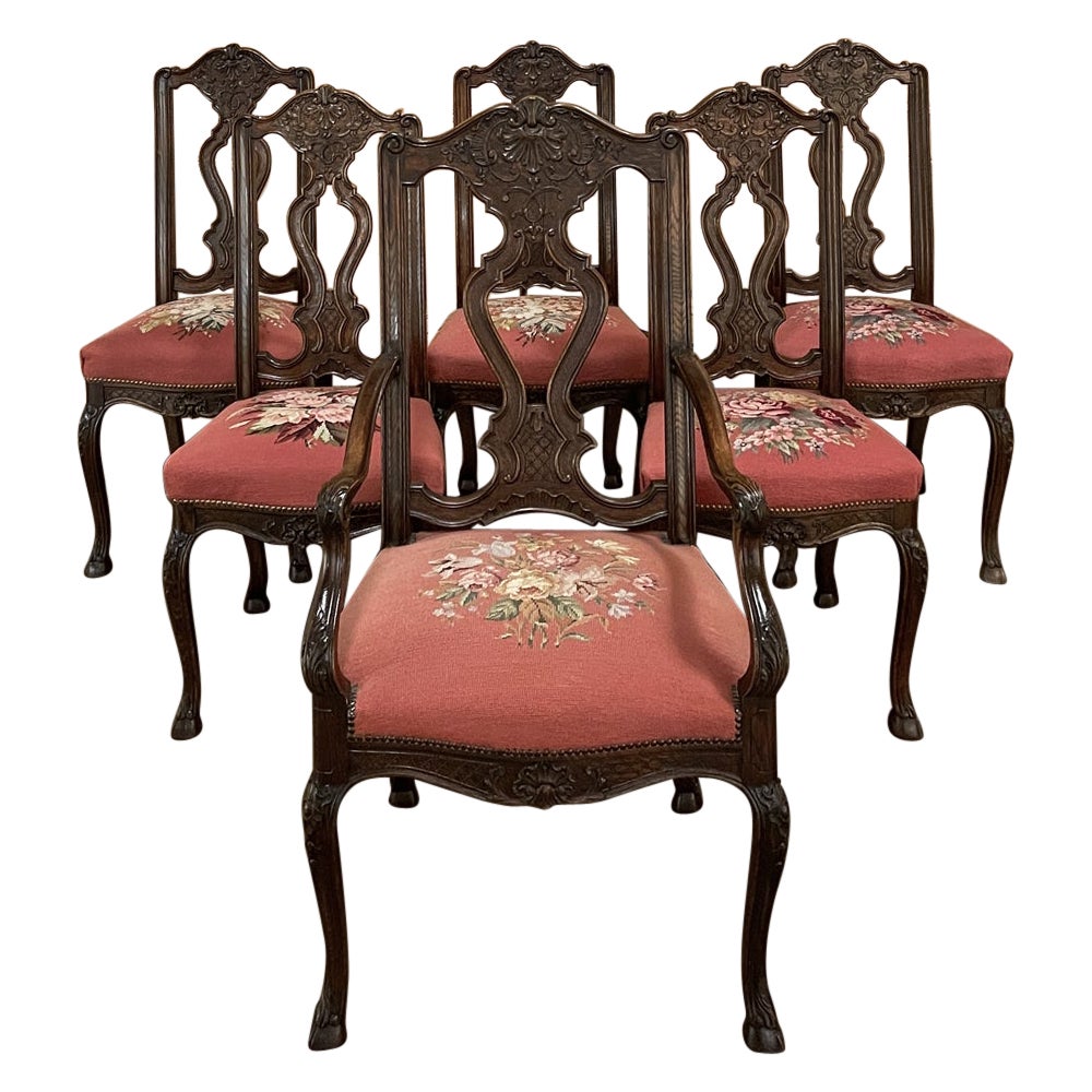 Set of 6 Antique Liegeoise Needlepoint Dining Chairs For Sale