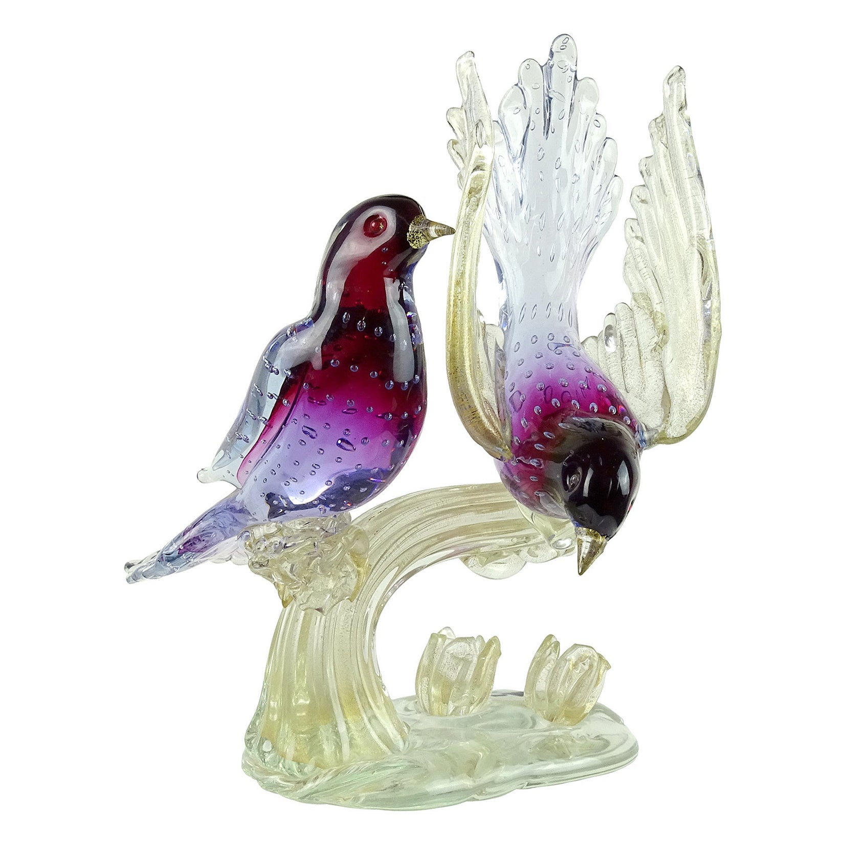 Murano Sommerso Purple Blue Gold Flecks Italian Art Glass Birds Sculpture