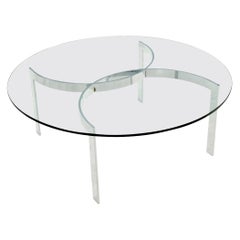 Round Glass Top Crome Interlocking Half Circle Shape Figures Base Coffee Table