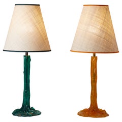 1960s French Pair of Resin Tree Lamps in Orange and Green with Raffia Shades