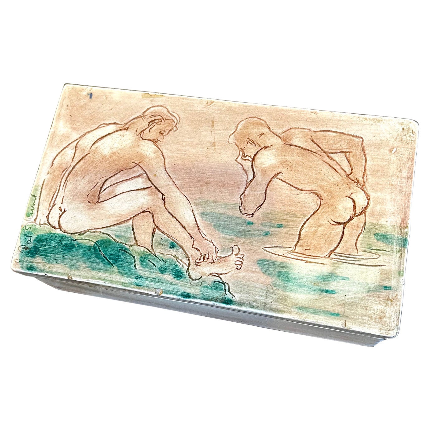 "Four Bathers at Laguna Beach, " Rare Mid-Century Ceramic Box with Male Nudes
