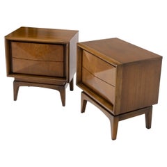 Pair Mid-Century Modern Dimond Front Drawers End Tables Nightstands Stands