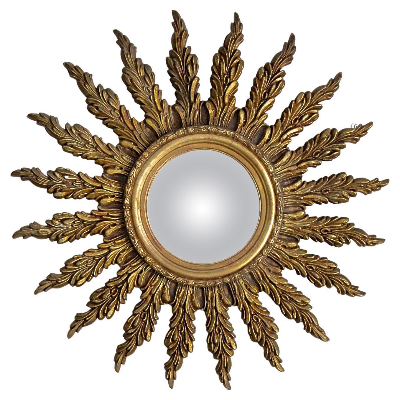 French Convex Sunburst Giltwood Wall Mirror