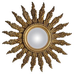 Vintage French Convex Sunburst Giltwood Wall Mirror