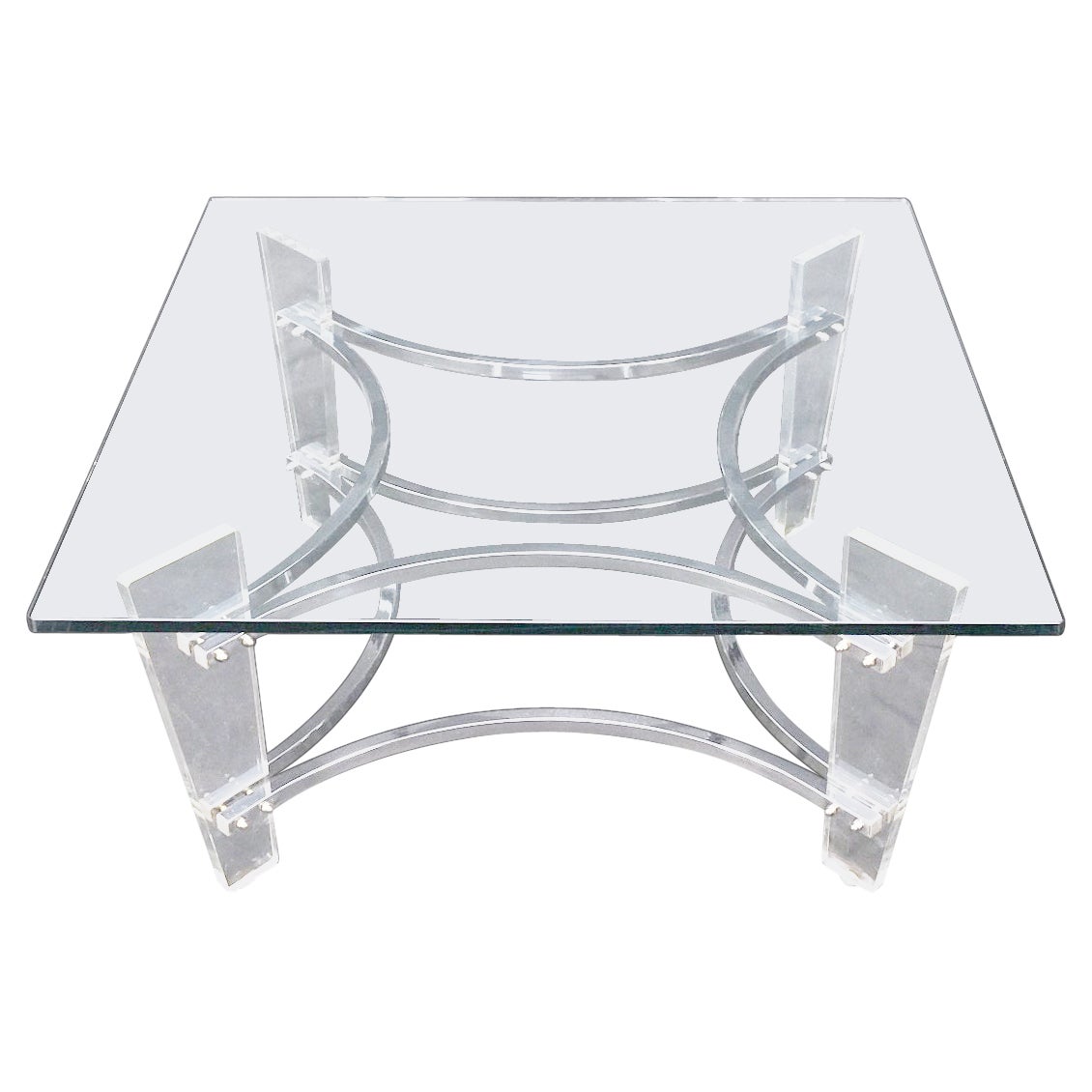 Charles Hollis Jones Lucite Chrome Square Glass Top Coffee Center Table