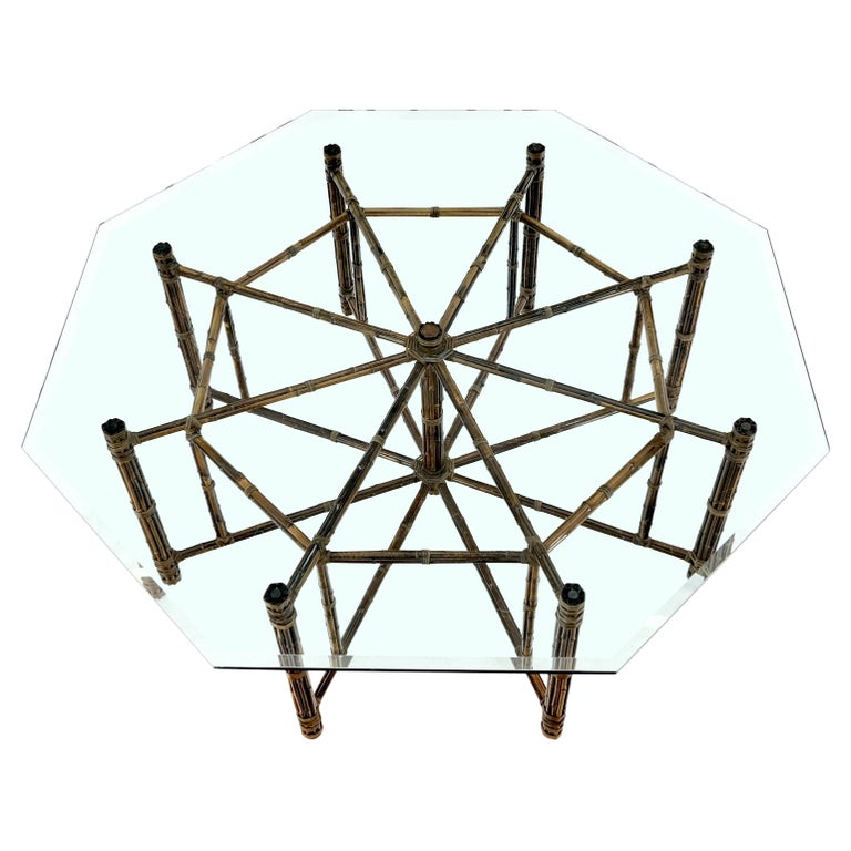 Very Large Octagonal Glass Top Leather Strapped Bamboo McGuire Dining Table For Sale