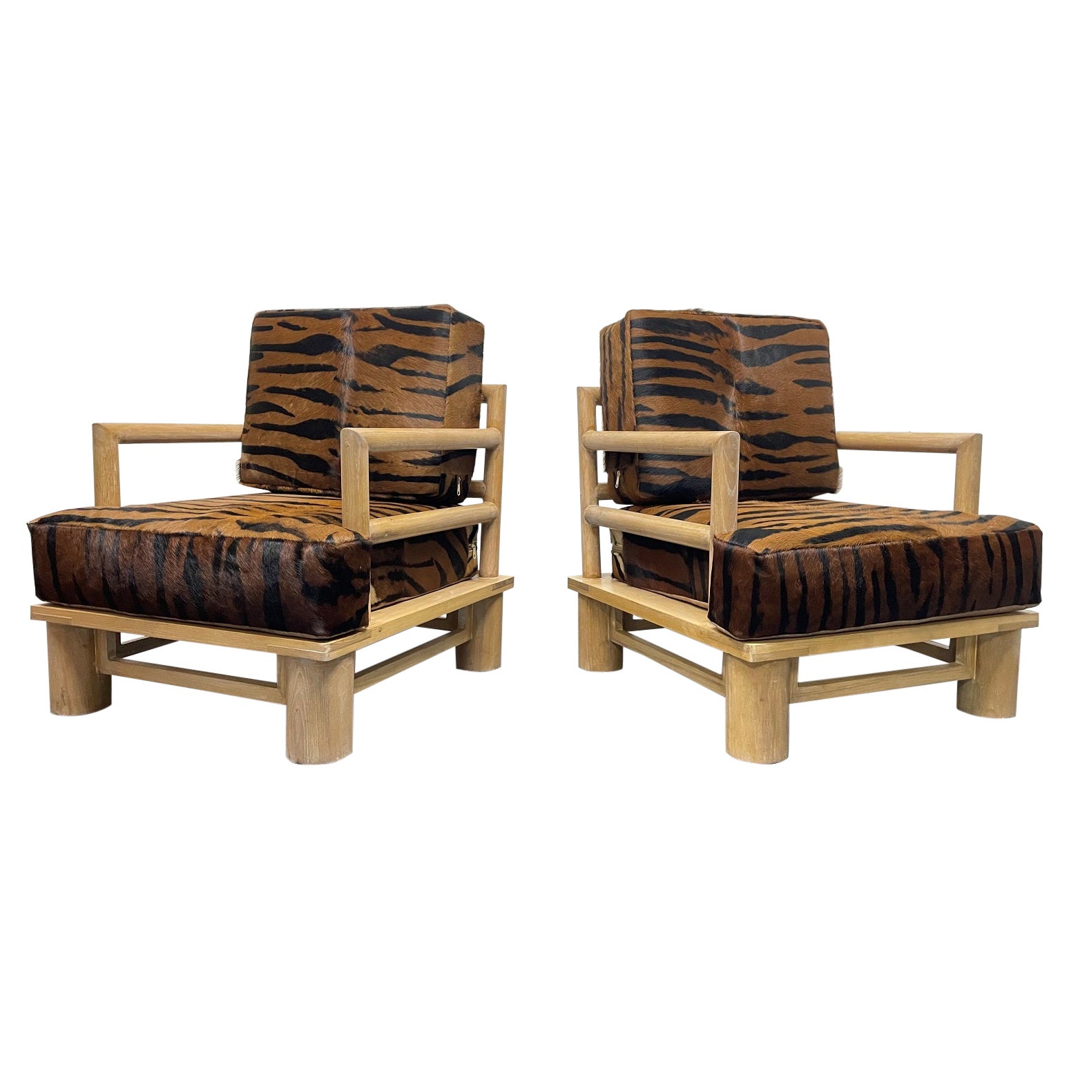 Paire de chaises longues en bois de chevalet avec cuir zébré